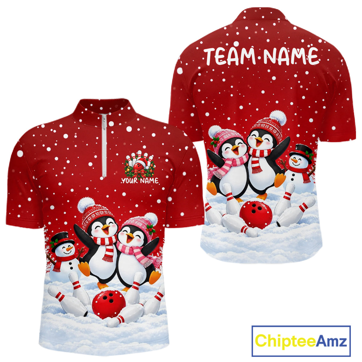 Red Funny Penguins Christmas Bowling Shirts For Men Custom Bowling Team Jersey, Bowling Gifts TDM7875