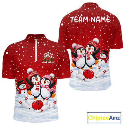 Red Funny Penguins Christmas Bowling Shirts For Men Custom Bowling Team Jersey, Bowling Gifts TDM7875