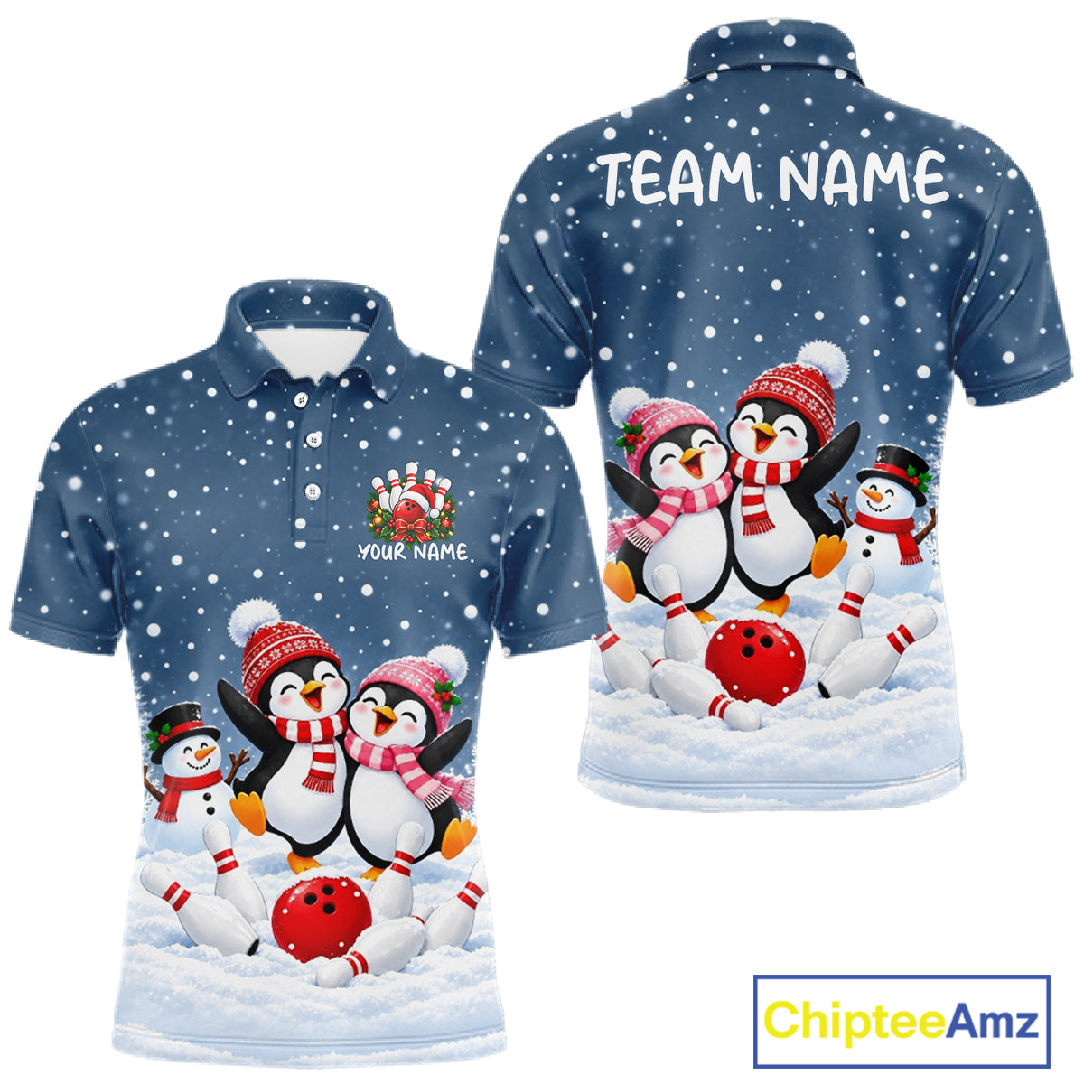 Blue-Grey Funny Penguins Christmas Bowling Shirts For Men Custom Bowling Team Jersey, Bowling Gift TDM7876