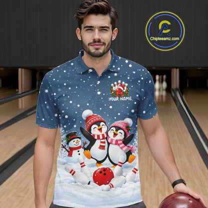 Blue-Grey Funny Penguins Christmas Bowling Shirts For Men Custom Bowling Team Jersey, Bowling Gift TDM7876