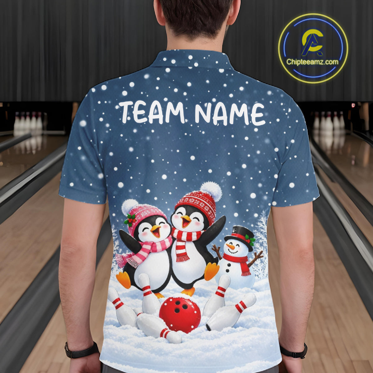 Blue-Grey Funny Penguins Christmas Bowling Shirts For Men Custom Bowling Team Jersey, Bowling Gift TDM7876