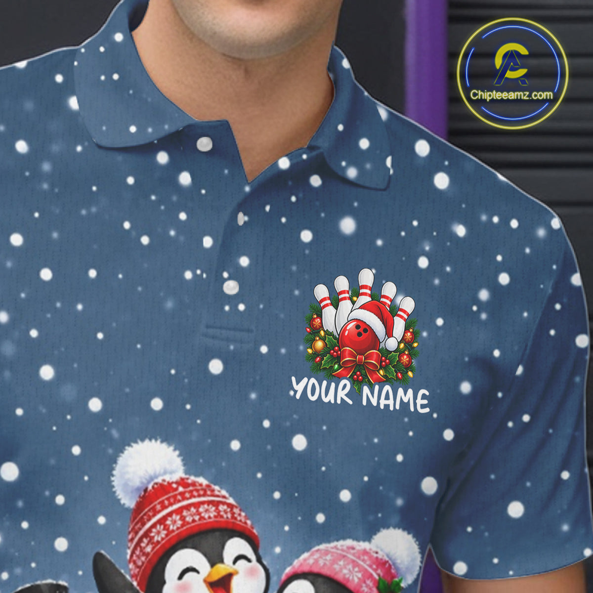 Blue-Grey Funny Penguins Christmas Bowling Shirts For Men Custom Bowling Team Jersey, Bowling Gift TDM7876