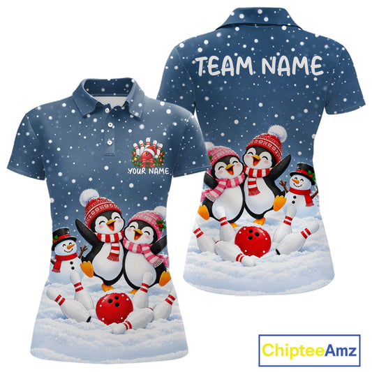 Blue-Grey Funny Penguins Christmas Bowling Shirts For Women Custom Bowling Team Jersey, Bowling Gift TDM7876