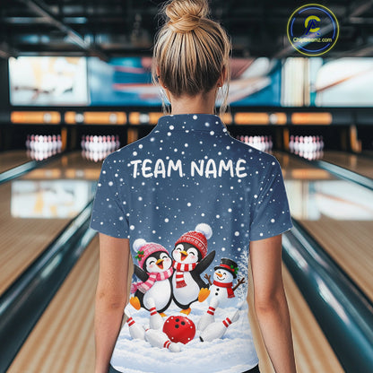 Blue-Grey Funny Penguins Christmas Bowling Shirts For Women Custom Bowling Team Jersey, Bowling Gift TDM7876
