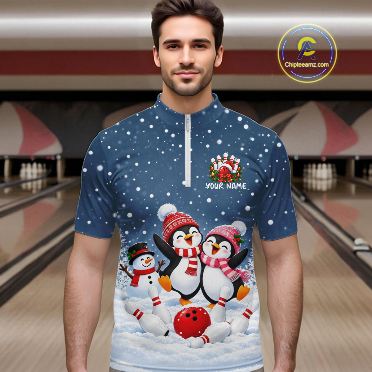 Blue-Grey Funny Penguins Christmas Bowling Shirts For Men Custom Bowling Team Jersey, Bowling Gift TDM7876
