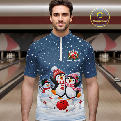 Blue-Grey Funny Penguins Christmas Bowling Shirts For Men Custom Bowling Team Jersey, Bowling Gift TDM7876