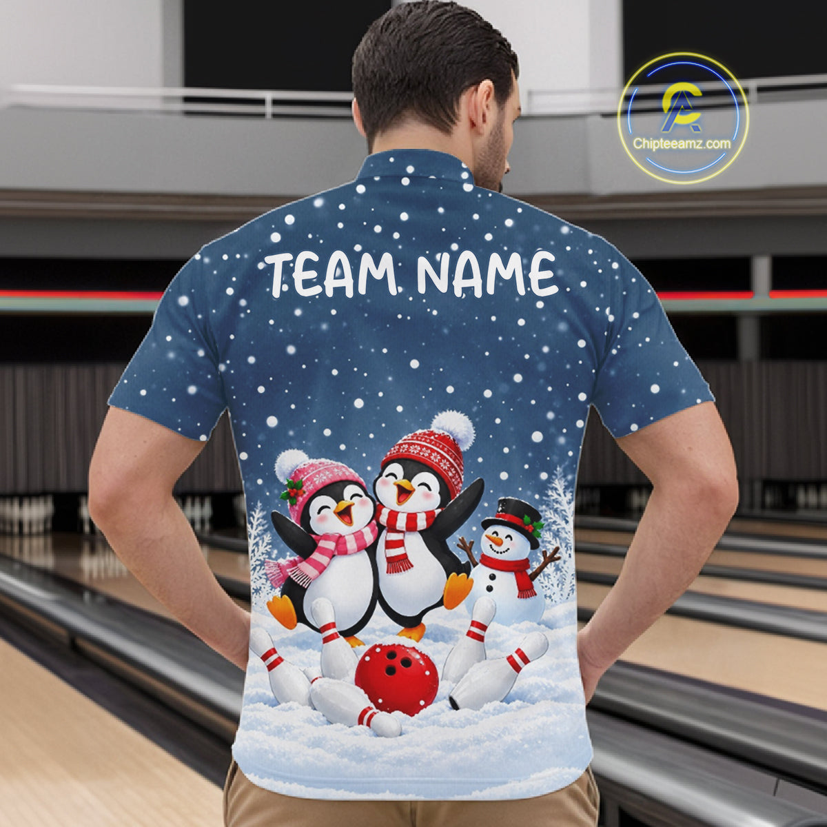Blue-Grey Funny Penguins Christmas Bowling Shirts For Men Custom Bowling Team Jersey, Bowling Gift TDM7876