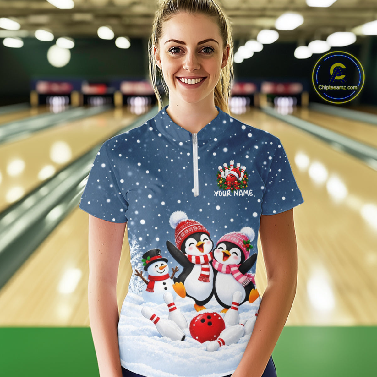Blue-Grey Funny Penguins Christmas Bowling Shirts For Women Custom Bowling Team Jersey, Bowling Gift TDM7876
