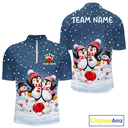 Blue-Grey Funny Penguins Christmas Bowling Shirts For Men Custom Bowling Team Jersey, Bowling Gift TDM7876