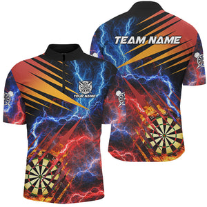 Blue And Red Thunder Lighting Custom Dart Shirts For Men, Fire Flame Darts Board Team Dart Jerseys TDM2979