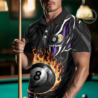 Personalized 8 Ball & 9 Ball Fire Flame Men Billiard Shirt, Billiard Jersey For Team Pooler|Purple TDM5210