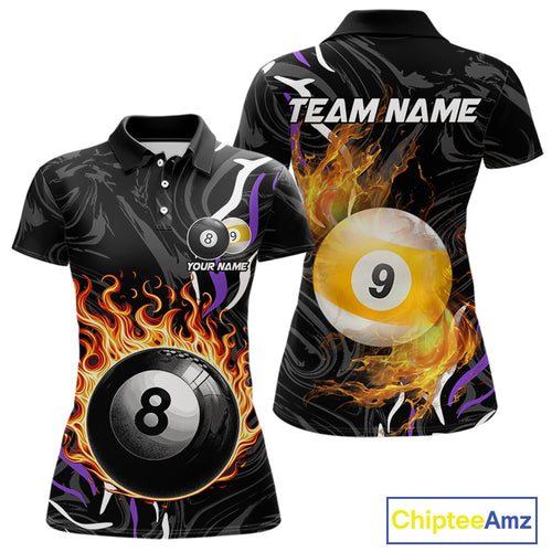 Personalized 8 Ball & 9 Ball Fire Flame Women Billiard Shirt, Billiard Jersey For Team Pooler|Purple TDM5210