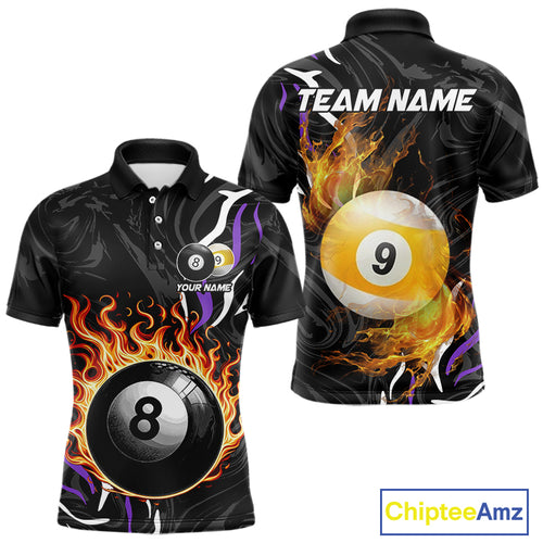 Personalized 8 Ball & 9 Ball Fire Flame Men Billiard Shirt, Billiard Jersey For Team Pooler|Purple TDM5210