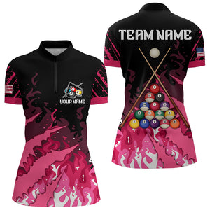 Custom Pink And Black Billiard Polo & Quarter Zip For Women, 3D Billiard Team Shirts Pool Jerseys TDM3225