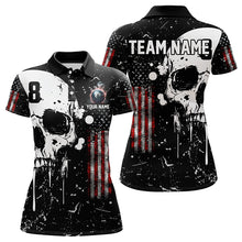 Load image into Gallery viewer, Black Grunge Skull American Flag Women Billiard Polo, Quarter Zip Custom Patriotic Billiard Jersey TDM3232