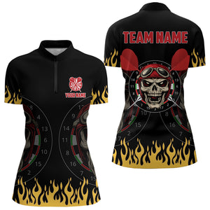 Personalized Fire Funny Skull Darts Polo & Quarter Zip Custom Women Darts Shirts Cool Dart Jerseys TDM3425