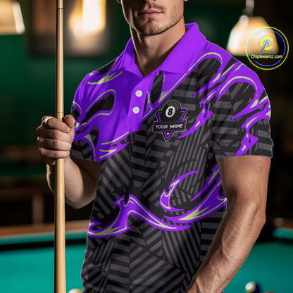 Custom Black Purple 8 Ball Tribal Flame Billiard Shirt For Men, Pool Team Jersey Polo & 1/4 Zip TDM5723