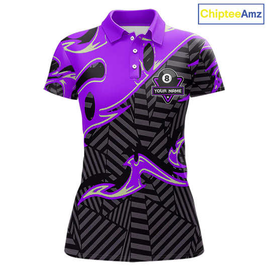 Custom Black Purple 8 Ball Tribal Flame Billiard Shirt For Women, Pool Team Jersey Polo & 1/4 Zip TDM5723