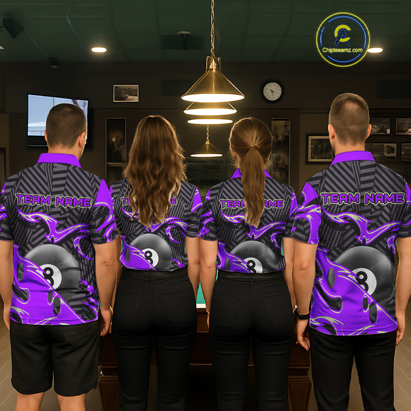 Custom Black Purple 8 Ball Tribal Flame Billiard Shirt For Women, Pool Team Jersey Polo & 1/4 Zip TDM5723