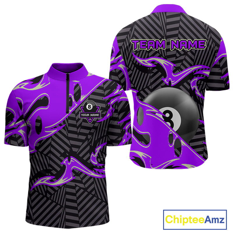 Custom Black Purple 8 Ball Tribal Flame Billiard Shirt For Men, Pool Team Jersey Polo & 1/4 Zip TDM5723