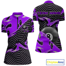 Load image into Gallery viewer, Custom Black Purple 8 Ball Tribal Flame Billiard Shirt For Women, Pool Team Jersey Polo &amp; 1/4 Zip TDM5723