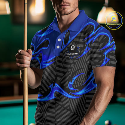 Custom Black And Blue 8 Ball Tribal Flame Billiard Shirt For Men, Pool Team Jersey Polo & 1/4 Zip TDM5724