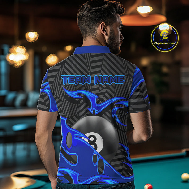 Custom Black And Blue 8 Ball Tribal Flame Billiard Shirt For Men, Pool Team Jersey Polo & 1/4 Zip TDM5724
