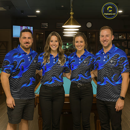 Custom Black And Blue 8 Ball Tribal Flame Billiard Shirt For Men, Pool Team Jersey Polo & 1/4 Zip TDM5724