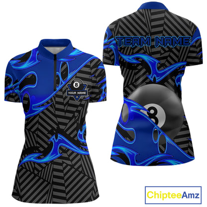 Custom Black And Blue 8 Ball Tribal Flame Billiard Shirt For Women, Pool Team Jersey Polo & 1/4 Zip TDM5724