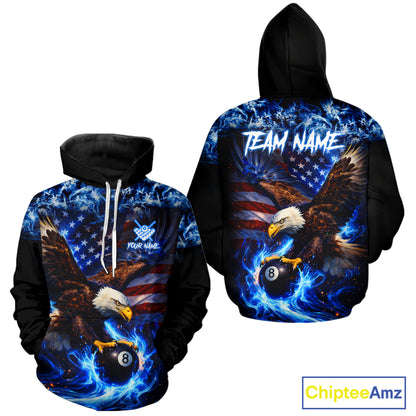 Blue Flaming Eagle 8 Ball Pool Hoodie For Men And Women Custom American Flag Billiard Hoodie TDM5727