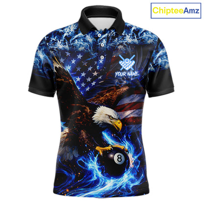 Blue Flaming Eagle 8 Ball Pool Billiard Shirt For Men Custom American Flag Billiard Team Jersey TDM5727