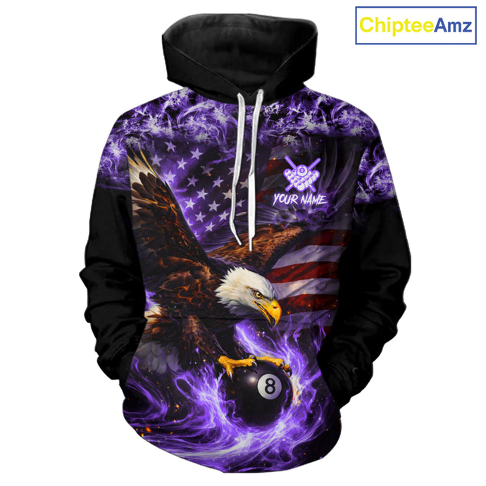 Purple Flaming Eagle 8 Ball Pool Hoodie For Men And Women Custom American Flag Billiard Hoodie TDM5728