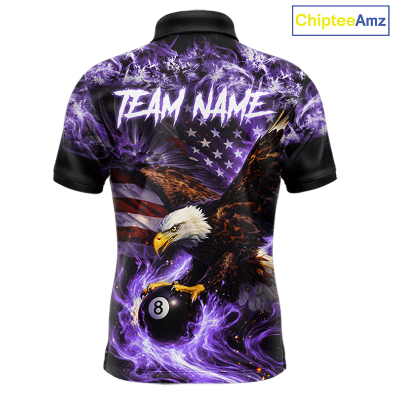 Purple Flaming Eagle 8 Ball Pool Billiard Shirt For Men Custom American Flag Billiard Team Jersey TDM5728