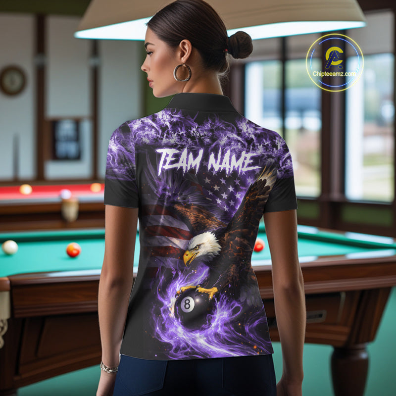 Purple Flaming Eagle 8 Ball Pool Billiard Shirt For Women Custom American Flag Billiard Team Jersey TDM5728