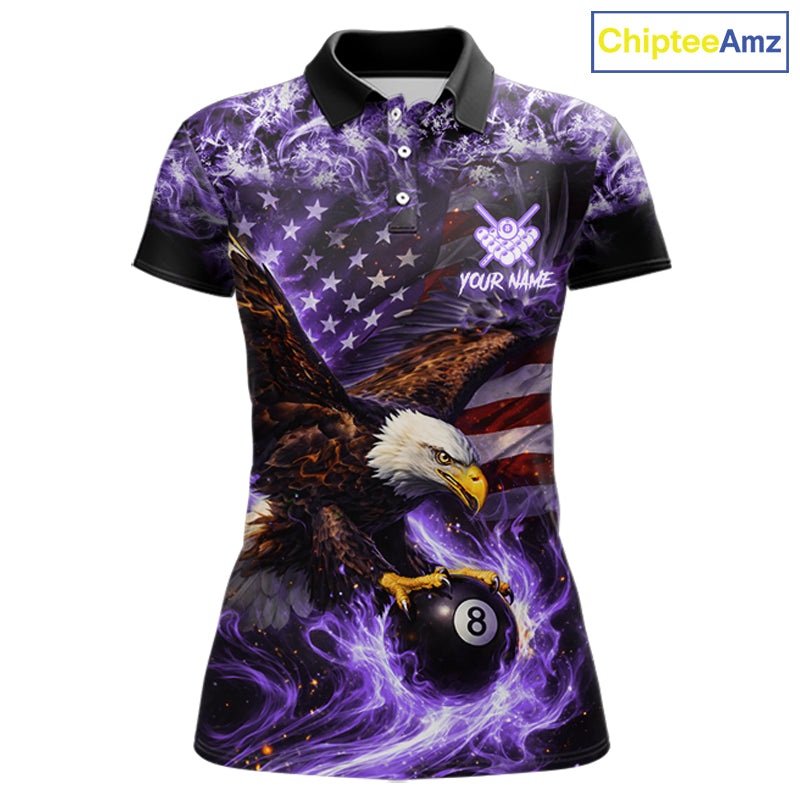 Purple Flaming Eagle 8 Ball Pool Billiard Shirt For Women Custom American Flag Billiard Team Jersey TDM5728