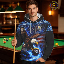 Load image into Gallery viewer, Blue Flaming Eagle 8 Ball 9 Ball Pool Hoodie For Men And Women Custom American Flag Billiard Hoodie TDM5729