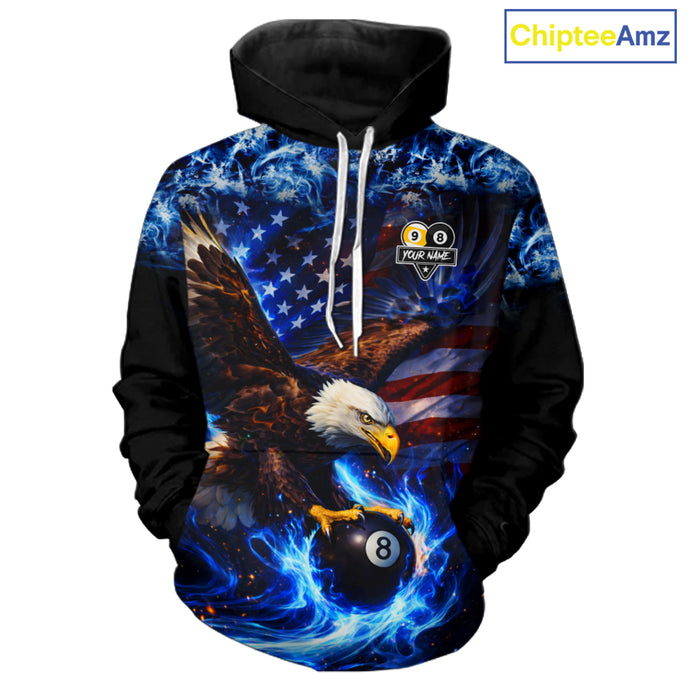 Blue Flaming Eagle 8 Ball 9 Ball Pool Hoodie For Men And Women Custom American Flag Billiard Hoodie TDM5729