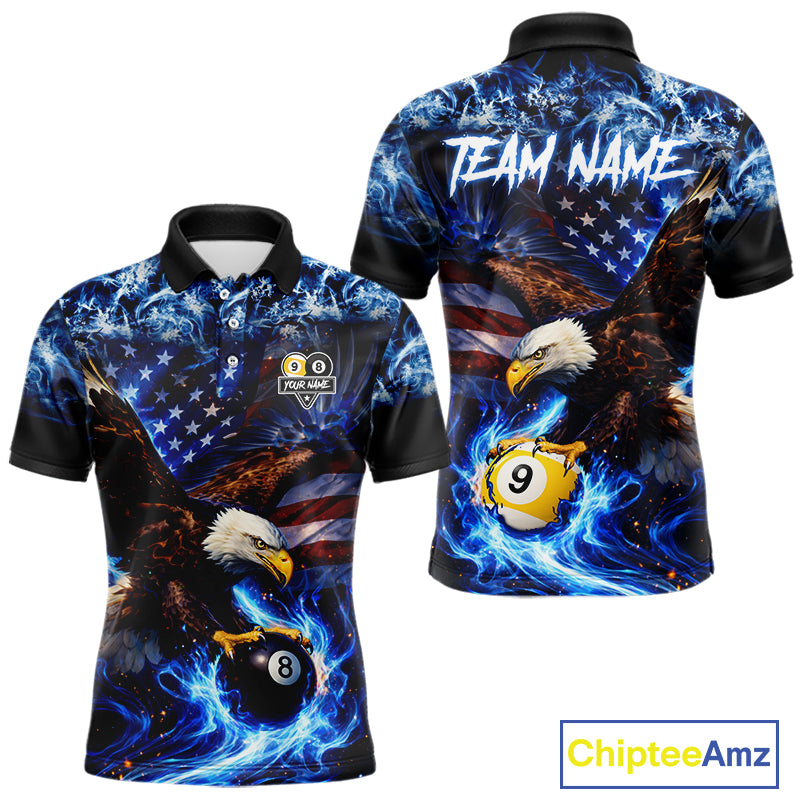 Blue Flaming Eagle 8 Ball 9 Ball Pool Billiard Shirt For Men Custom American Flag Billiard Jersey TDM5729