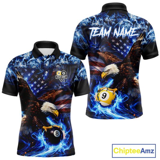 Blue Flaming Eagle 8 Ball 9 Ball Pool Billiard Shirt For Men Custom American Flag Billiard Jersey TDM5729