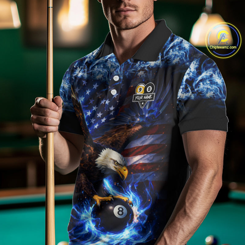 Blue Flaming Eagle 8 Ball 9 Ball Pool Billiard Shirt For Men Custom American Flag Billiard Jersey TDM5729