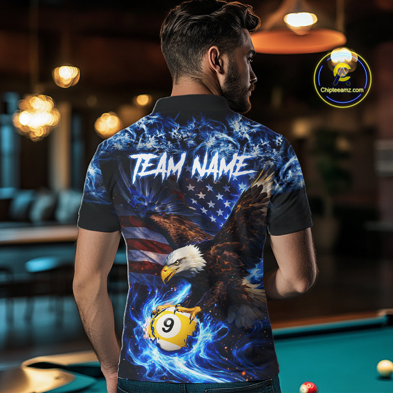 Blue Flaming Eagle 8 Ball 9 Ball Pool Billiard Shirt For Men Custom American Flag Billiard Jersey TDM5729