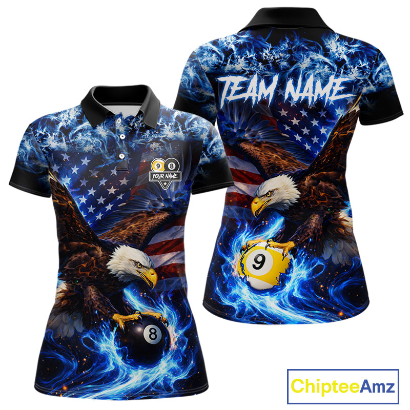 Blue Flaming Eagle 8 Ball 9 Ball Pool Billiard Shirt For Women Custom American Flag Billiard Jersey TDM5729