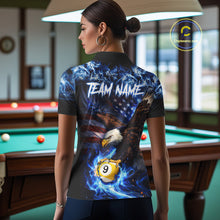 Load image into Gallery viewer, Blue Flaming Eagle 8 Ball 9 Ball Pool Billiard Shirt For Women Custom American Flag Billiard Jersey TDM5729