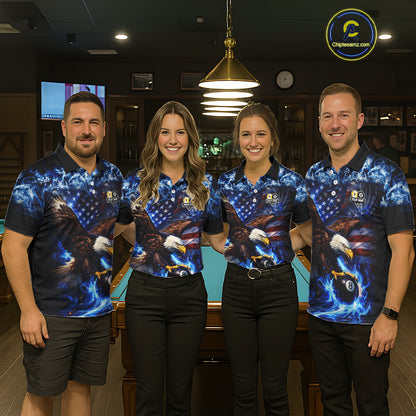 Blue Flaming Eagle 8 Ball 9 Ball Pool Billiard Shirt For Men Custom American Flag Billiard Jersey TDM5729
