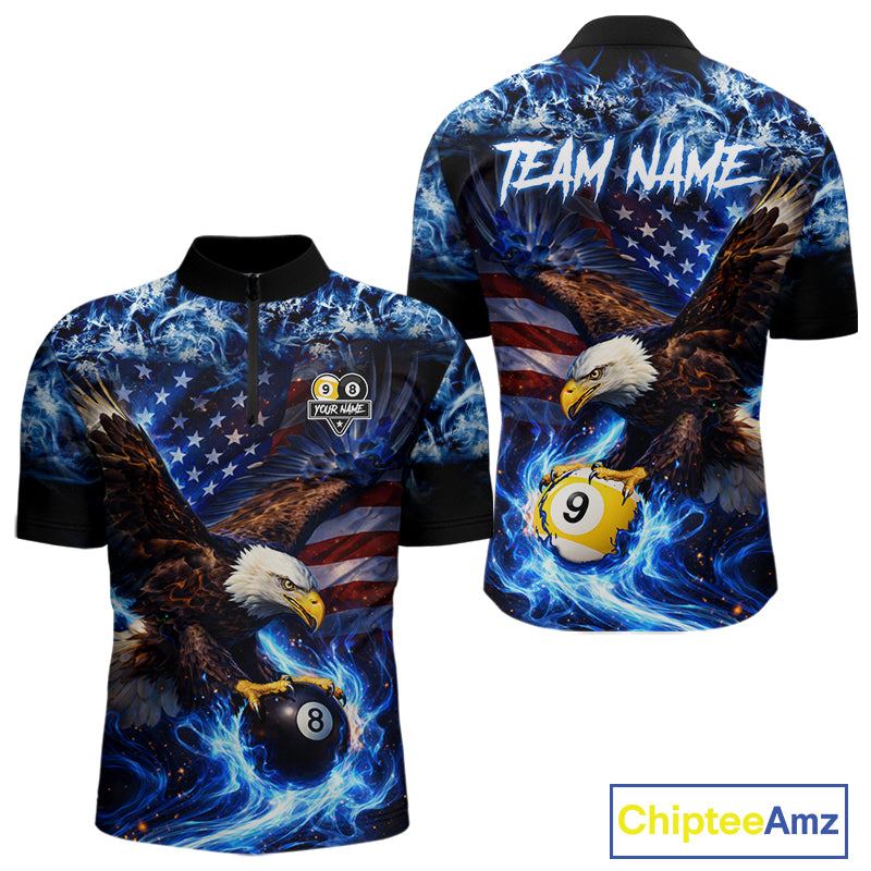 Blue Flaming Eagle 8 Ball 9 Ball Pool Billiard Shirt For Men Custom American Flag Billiard Jersey TDM5729