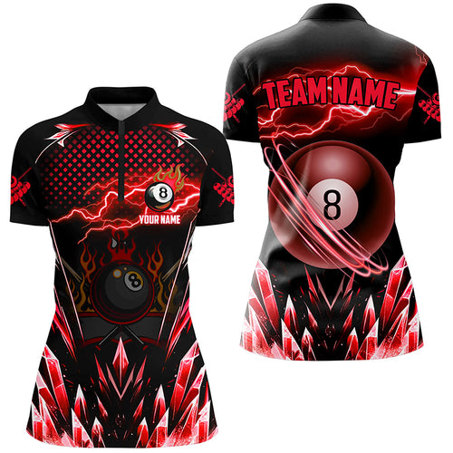 Custom Red Icy Lightning 8 Ball Pool Women Quarter-Zip Shirts, Billiard Team League Jersey TDM1442