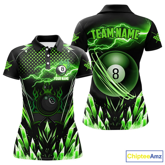 Personalized Green Icy Lightning 8 Ball Pool Women Polo Shirts Custom Billiard Team League Jersey TDM1443