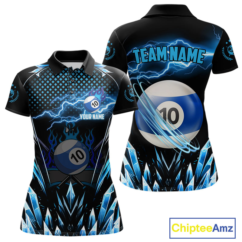 Personalized Blue Icy Lightning 10 Ball Pool Women Polo Shirts Custom Billiard Team League Jersey TDM1446
