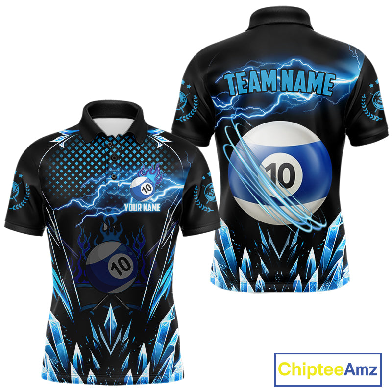 Personalized Blue Icy Lightning 10 Ball Pool Men Polo Shirts Custom Billiard Team League Jersey TDM1446
