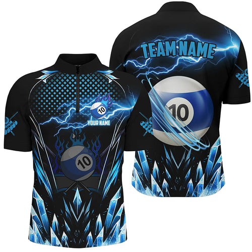 Custom Blue Icy Lightning 10 Ball Pool Men Quarter-Zip Shirts, Billiard Team League Jersey TDM1446